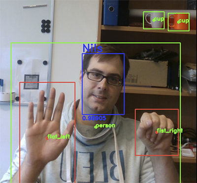 Gestures are used to control the main menu. This example shows all outputs of the DNNs. Gesture with center of the gestures in red